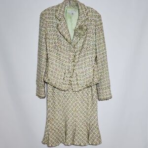 ICE Green Pastel Color Tweed Skirt Suit With Fringe Trim